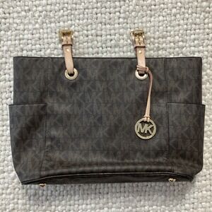 Michael Kors Large Brown Signature Tote Shoulder Bag Jet Set Purse *No Handles*